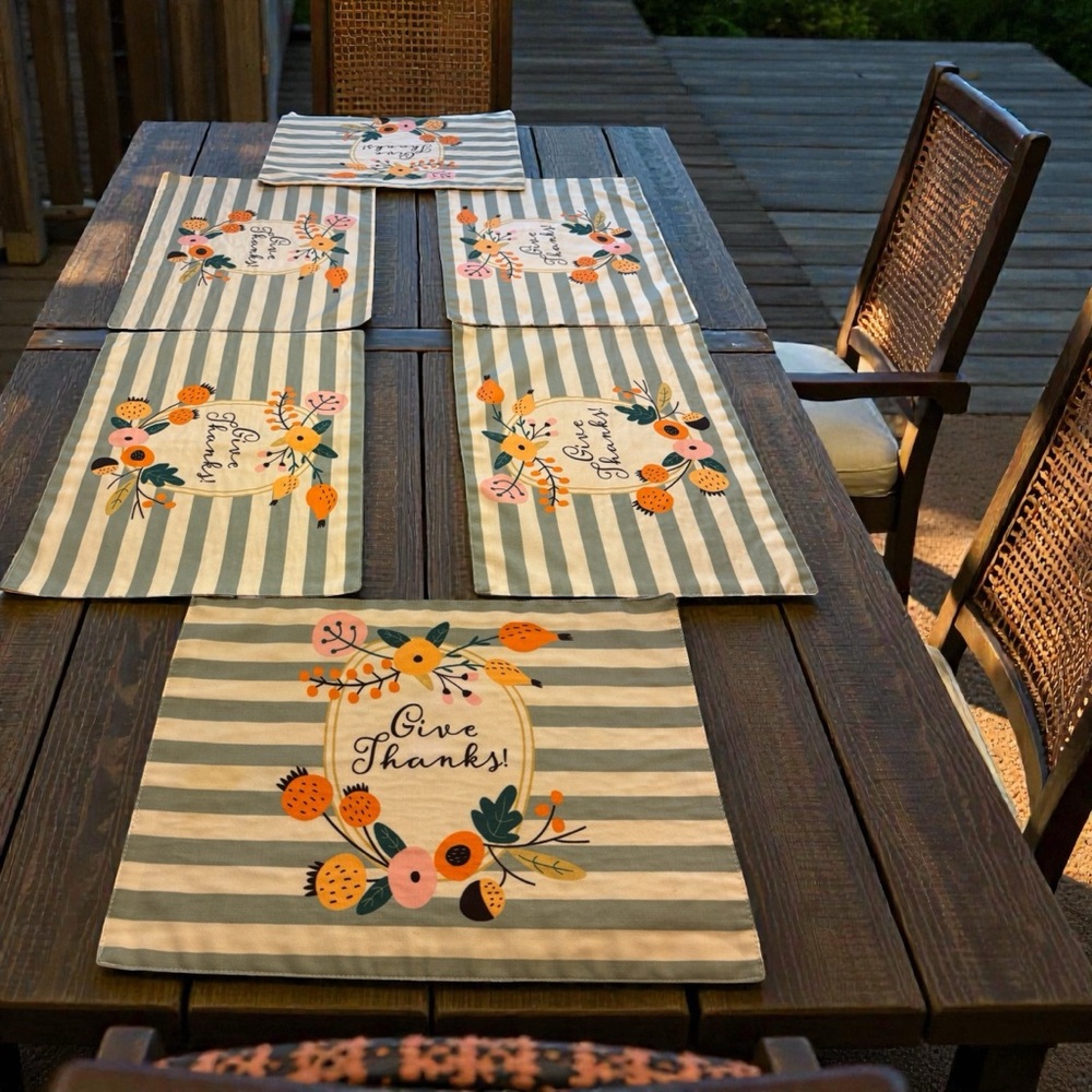 6 Fall Floral “Give Thanks” Thanksgiving Placemats Stripes Reversible Pumpkins